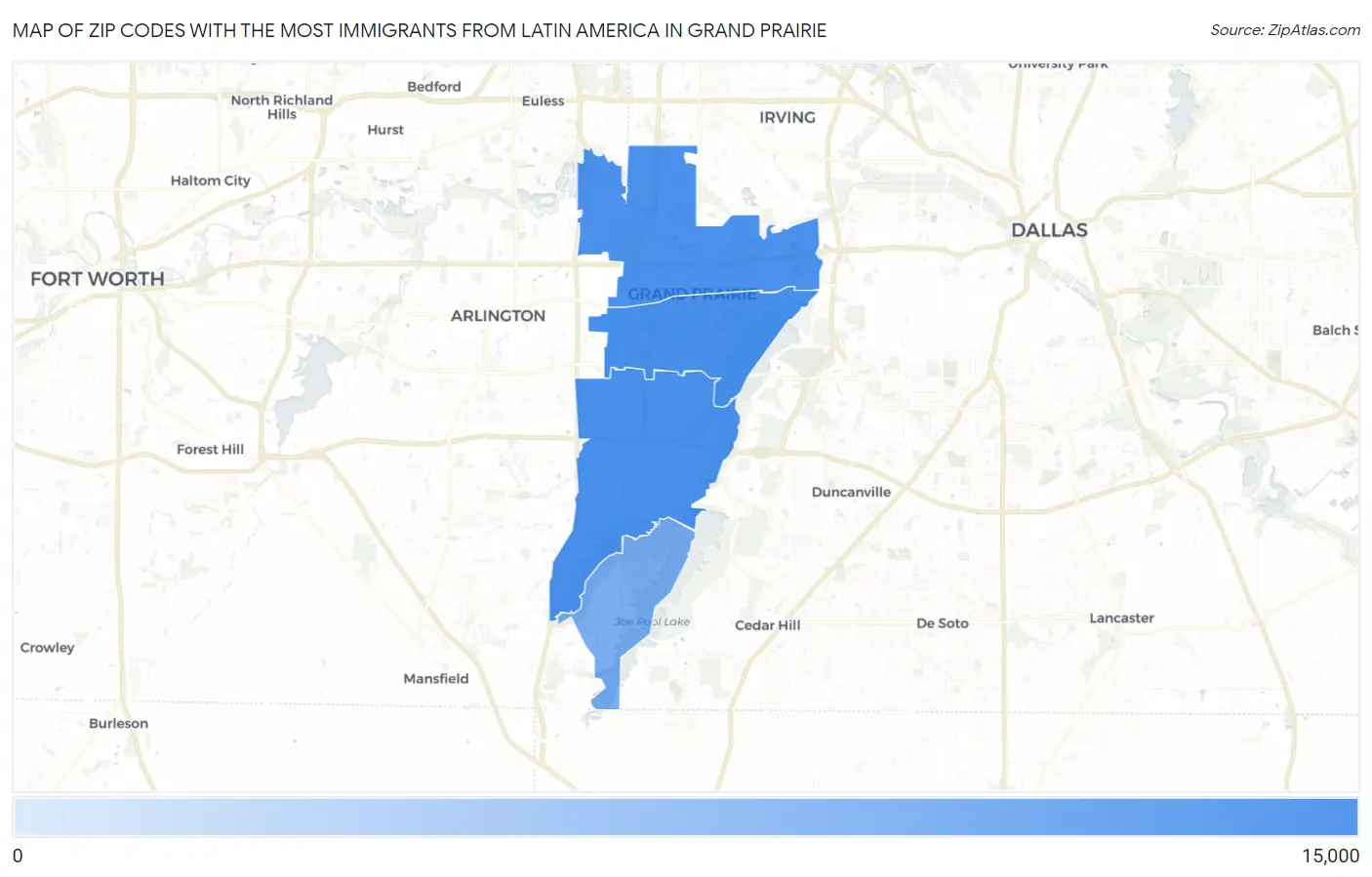 Zip Codes with the Most Immigrants from Latin America in Grand Prairie Map