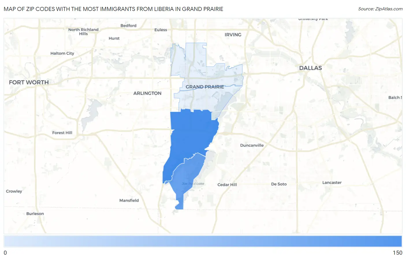 Zip Codes with the Most Immigrants from Liberia in Grand Prairie Map