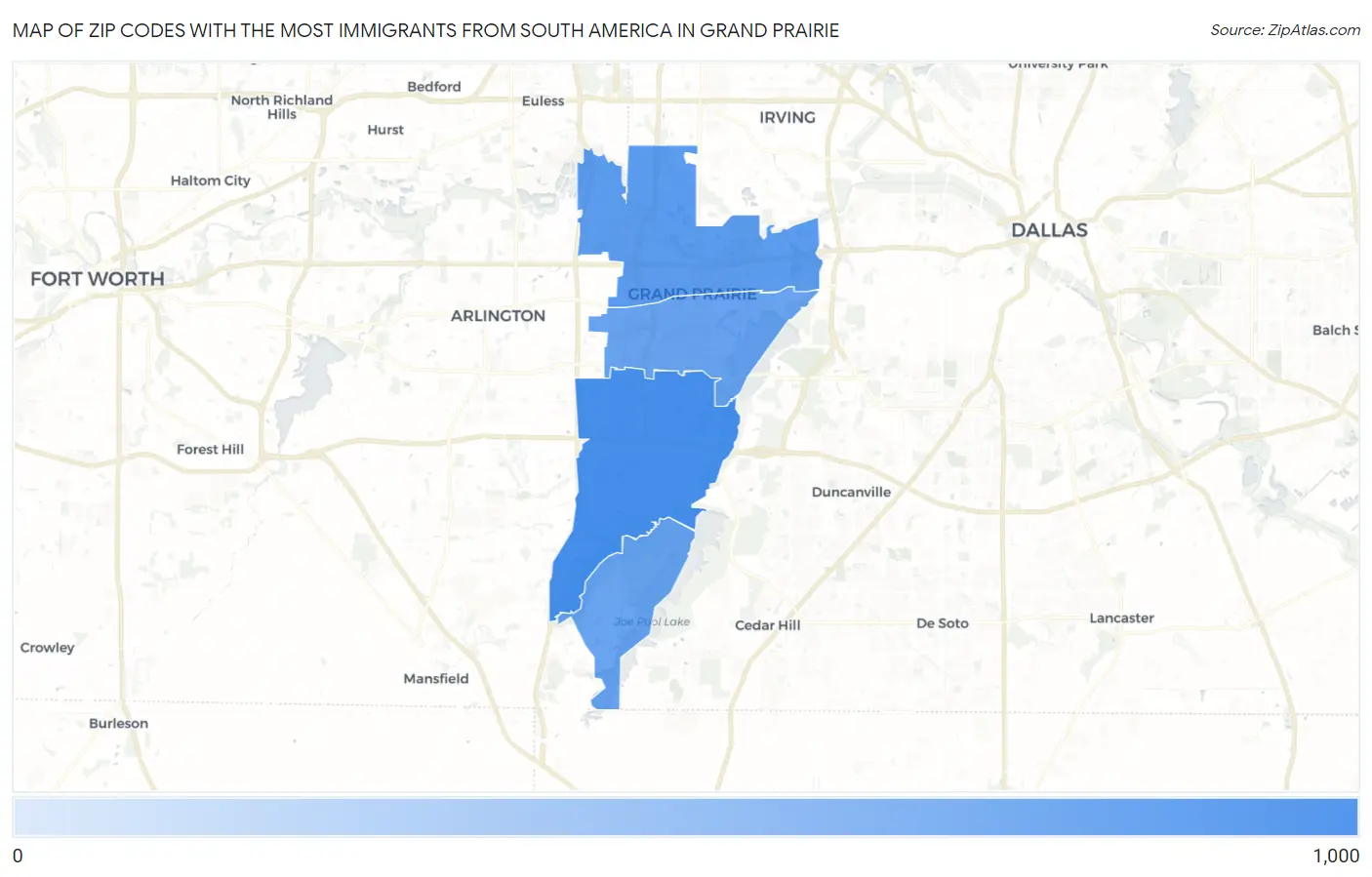 Zip Codes with the Most Immigrants from South America in Grand Prairie Map