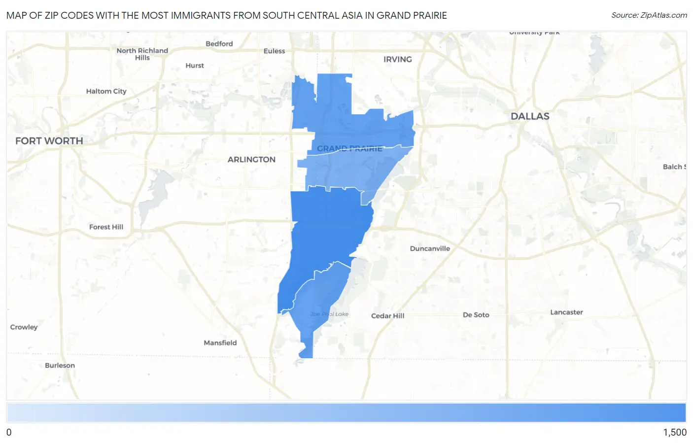 Zip Codes with the Most Immigrants from South Central Asia in Grand Prairie Map