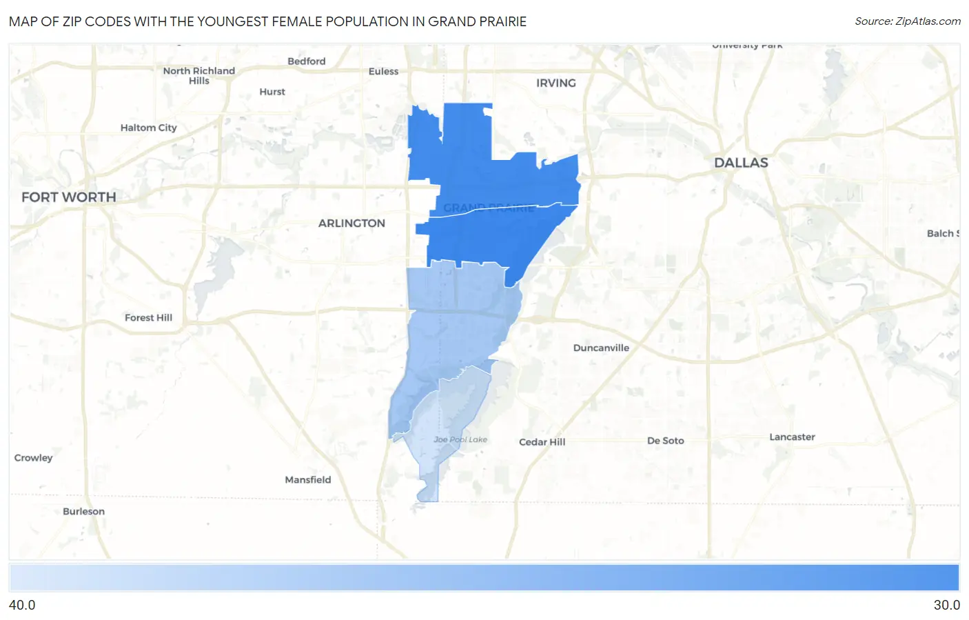 Zip Codes with the Youngest Female Population in Grand Prairie Map