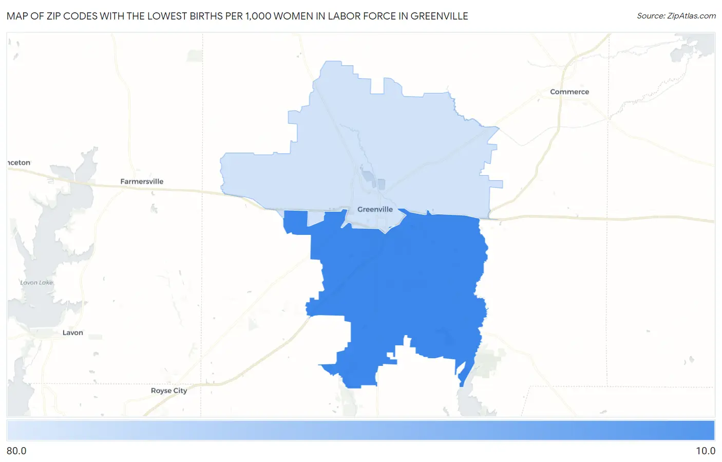 Zip Codes with the Lowest Births per 1,000 Women in Labor Force in Greenville Map