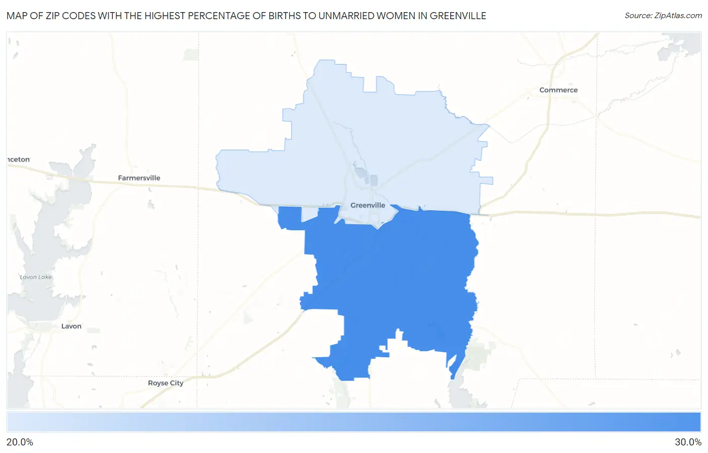 Zip Codes with the Highest Percentage of Births to Unmarried Women in Greenville Map