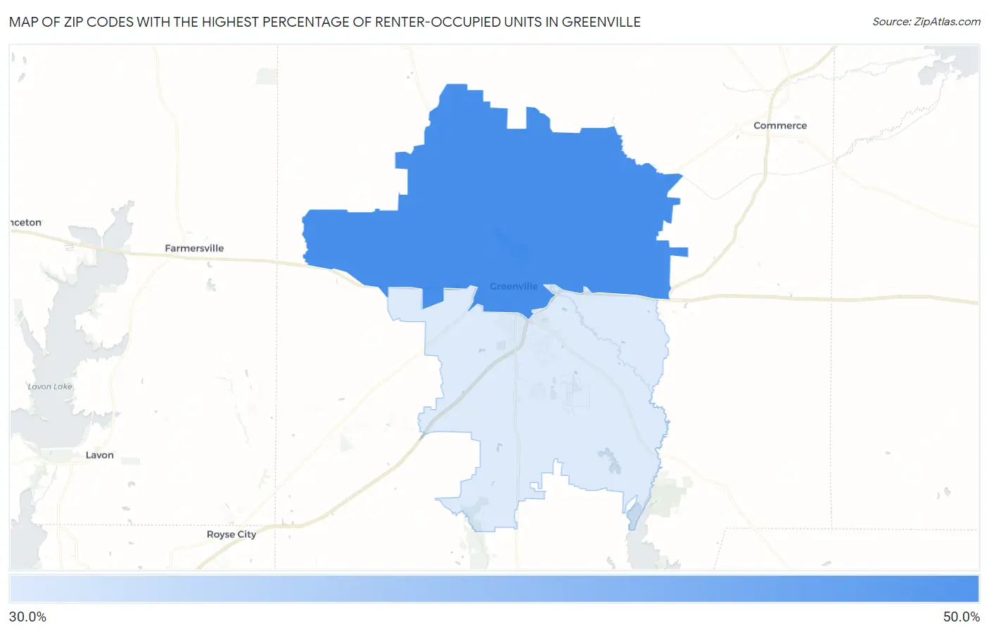 Zip Codes with the Highest Percentage of Renter-Occupied Units in Greenville Map