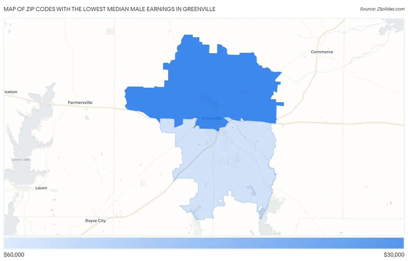 Zip Codes with the Lowest Median Male Earnings in Greenville Map