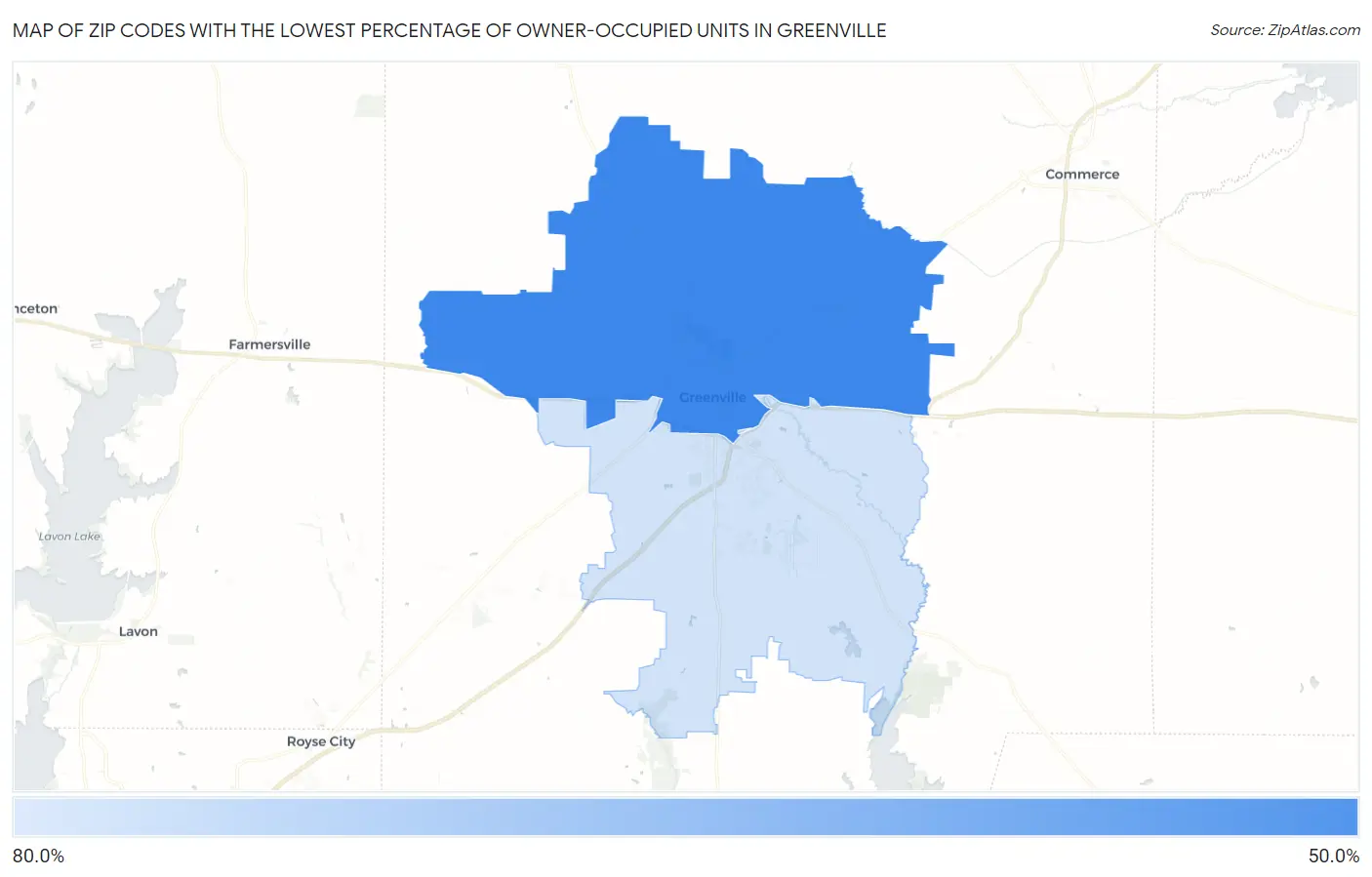 Zip Codes with the Lowest Percentage of Owner-Occupied Units in Greenville Map
