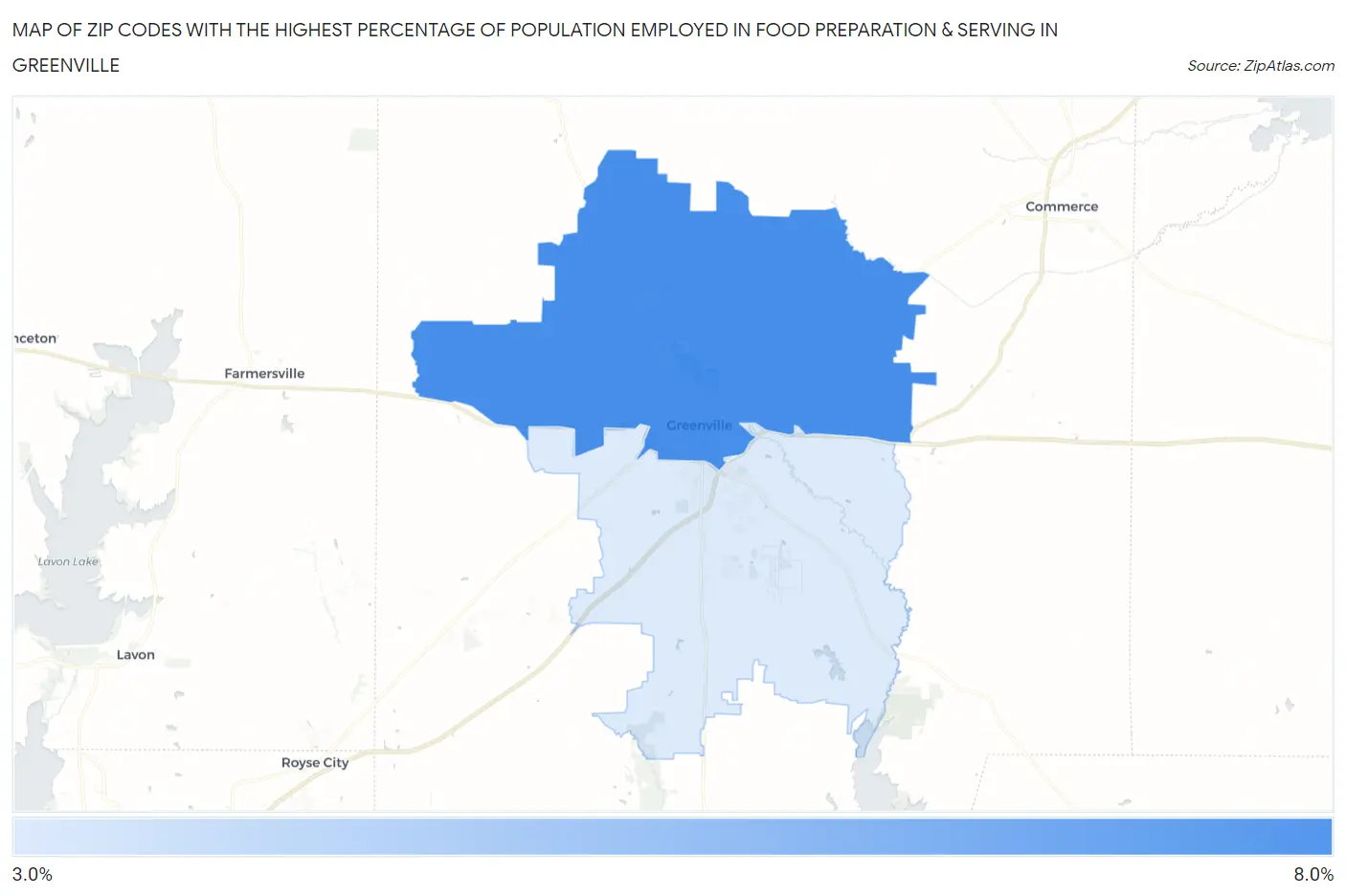 Zip Codes with the Highest Percentage of Population Employed in Food Preparation & Serving in Greenville Map