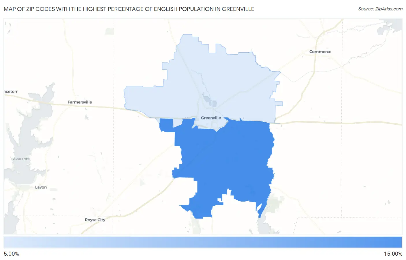 Zip Codes with the Highest Percentage of English Population in Greenville Map