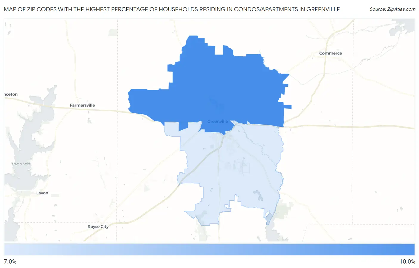 Zip Codes with the Highest Percentage of Households Residing in Condos/Apartments in Greenville Map