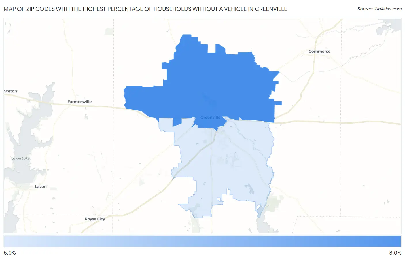 Zip Codes with the Highest Percentage of Households Without a Vehicle in Greenville Map