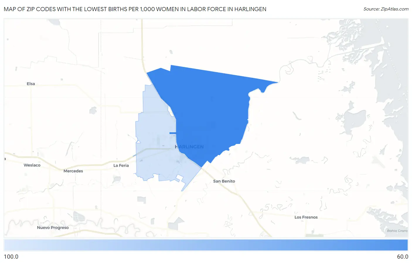 Zip Codes with the Lowest Births per 1,000 Women in Labor Force in Harlingen Map