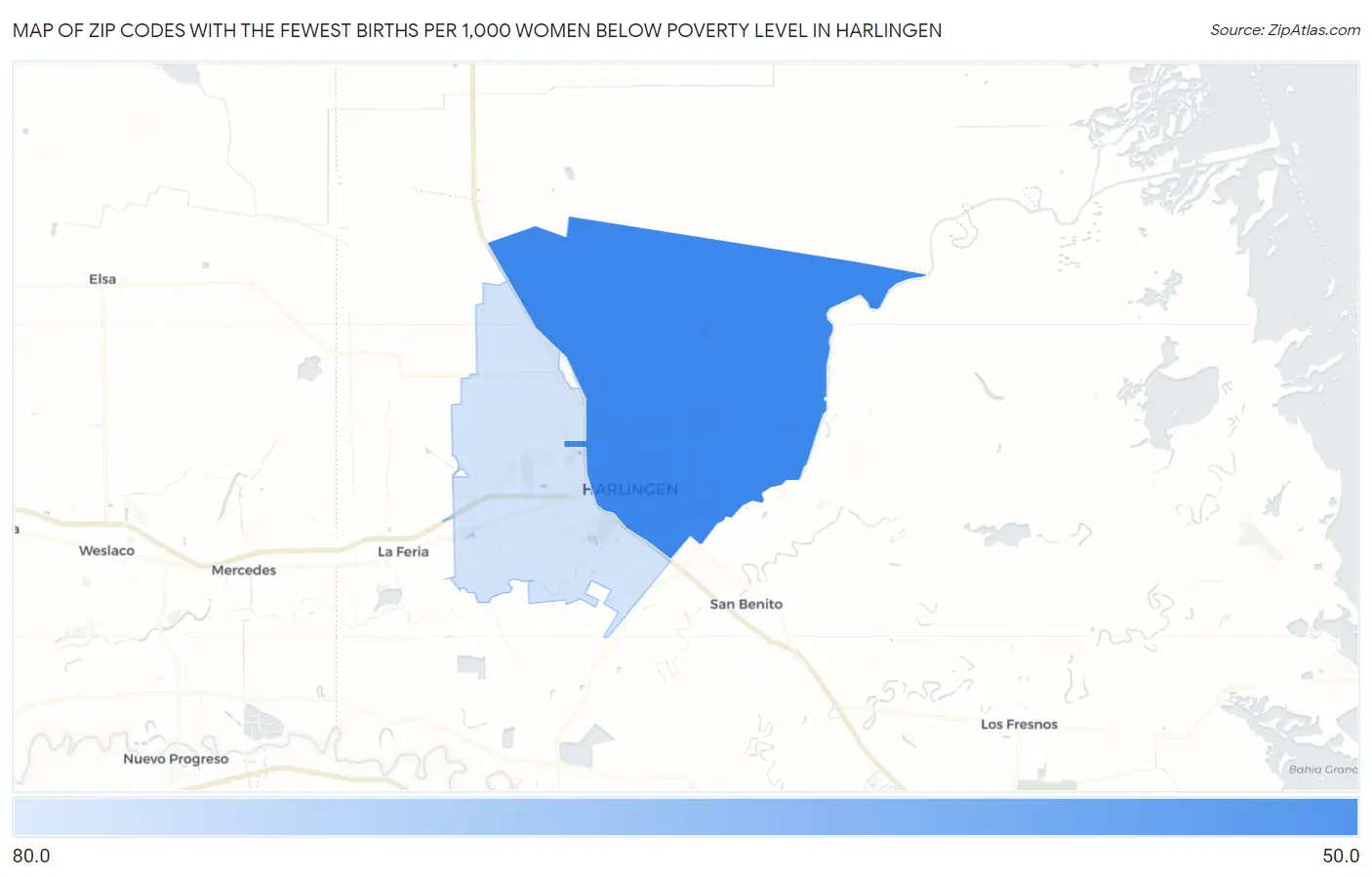 Zip Codes with the Fewest Births per 1,000 Women Below Poverty Level in Harlingen Map