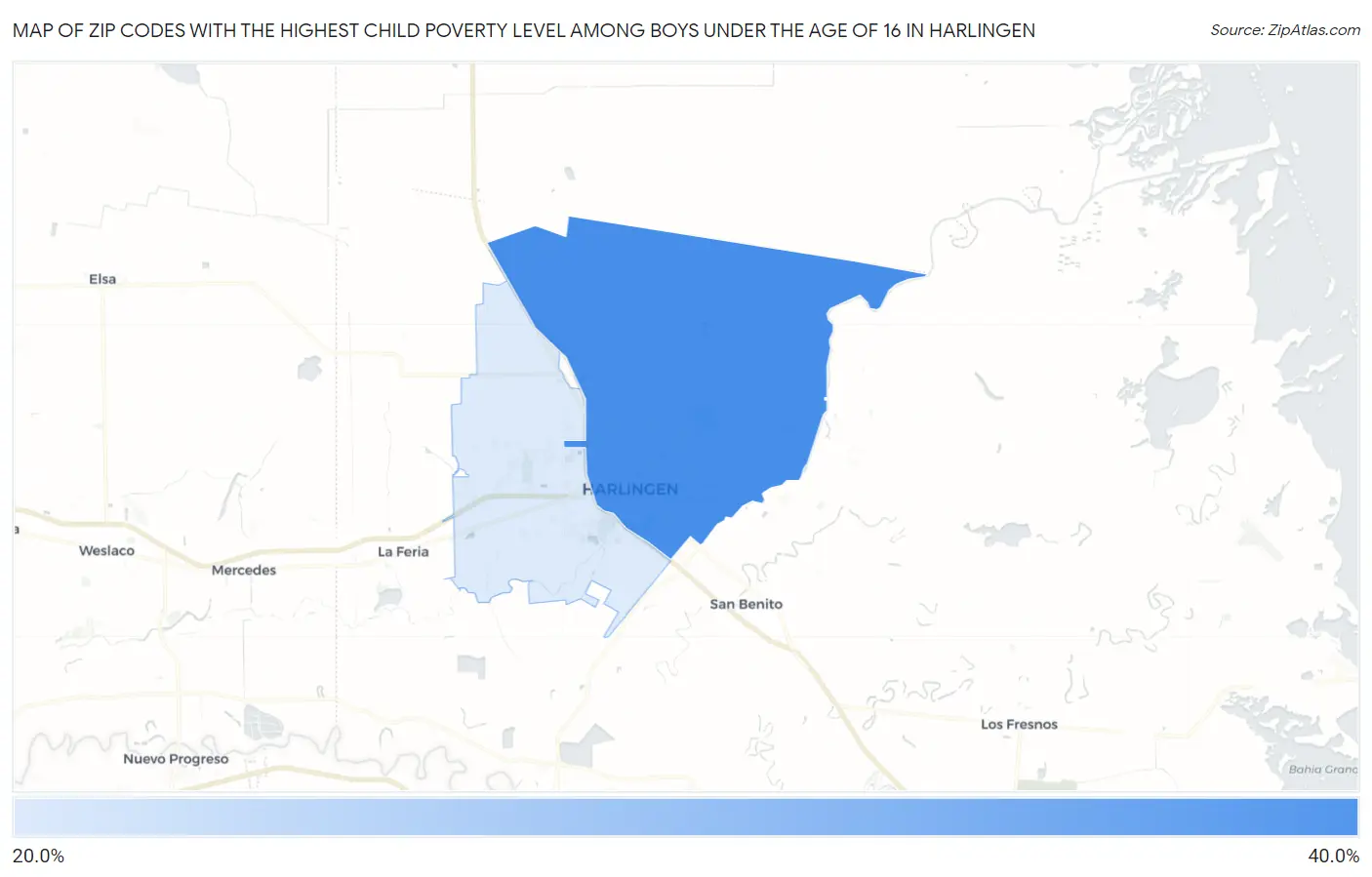Zip Codes with the Highest Child Poverty Level Among Boys Under the Age of 16 in Harlingen Map
