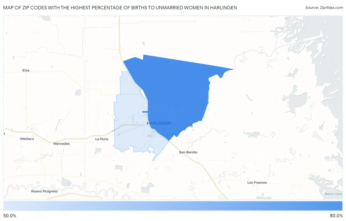 Zip Codes with the Highest Percentage of Births to Unmarried Women in Harlingen Map