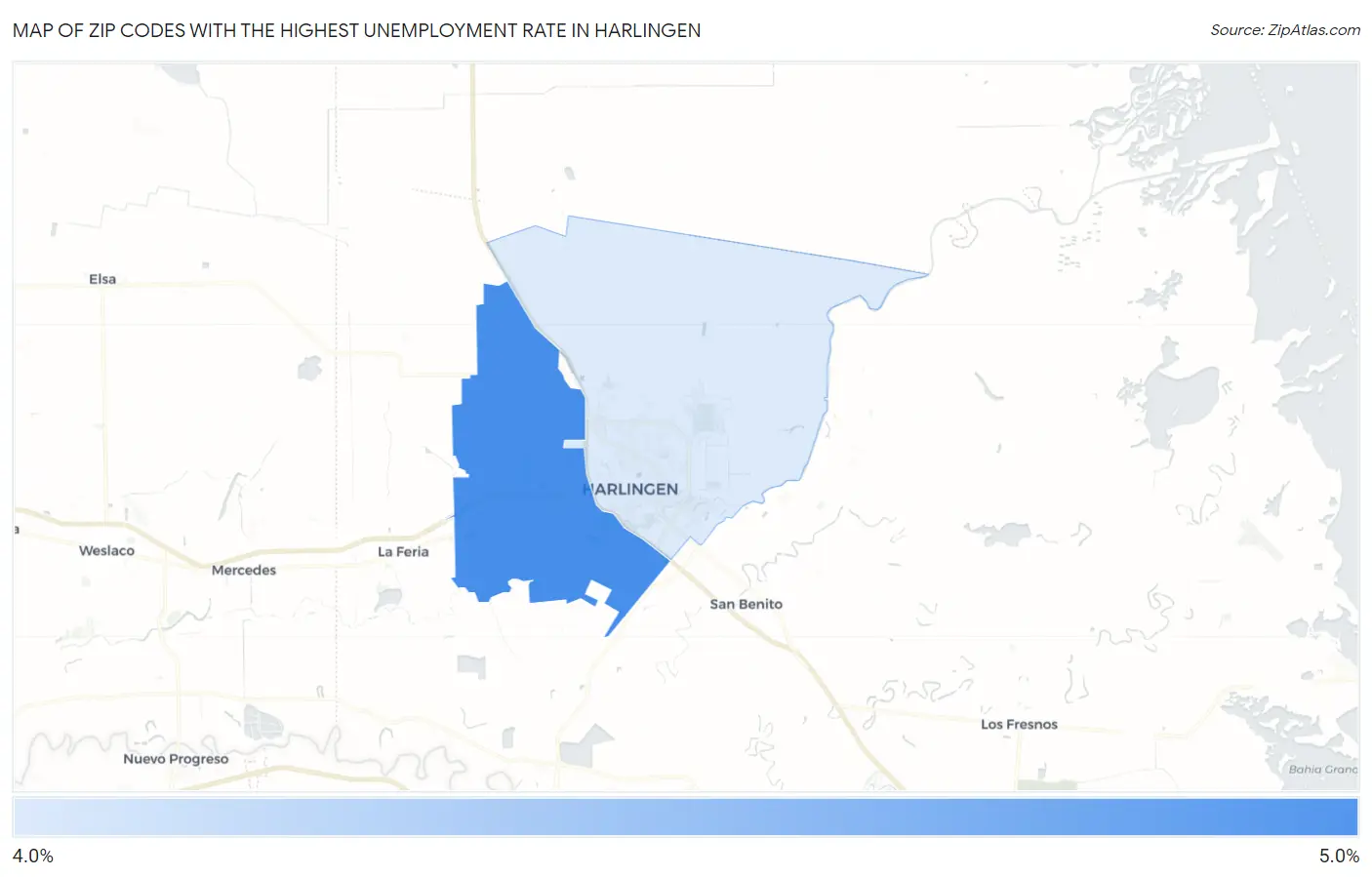 Zip Codes with the Highest Unemployment Rate in Harlingen Map