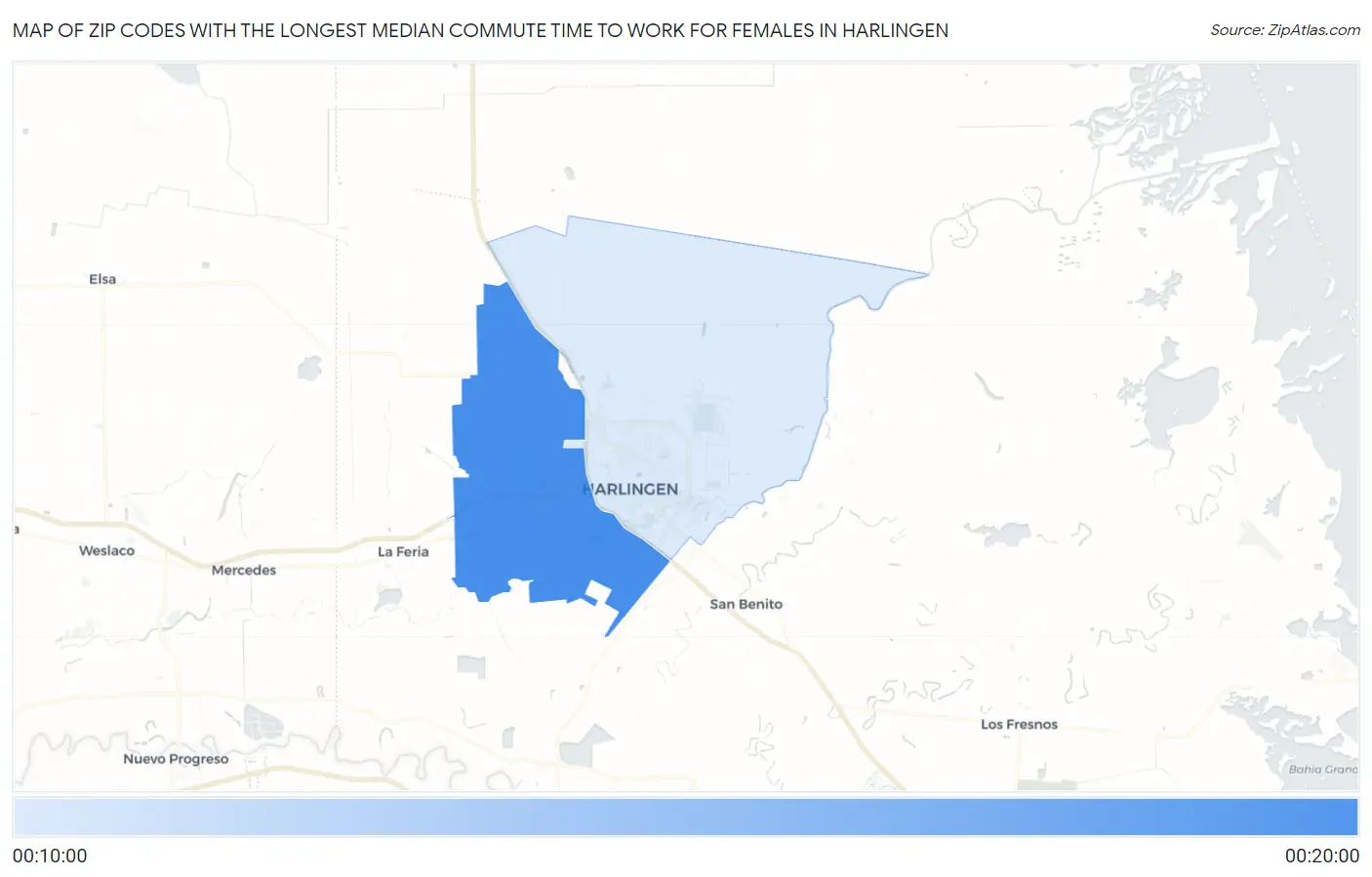 Zip Codes with the Longest Median Commute Time to Work for Females in Harlingen Map