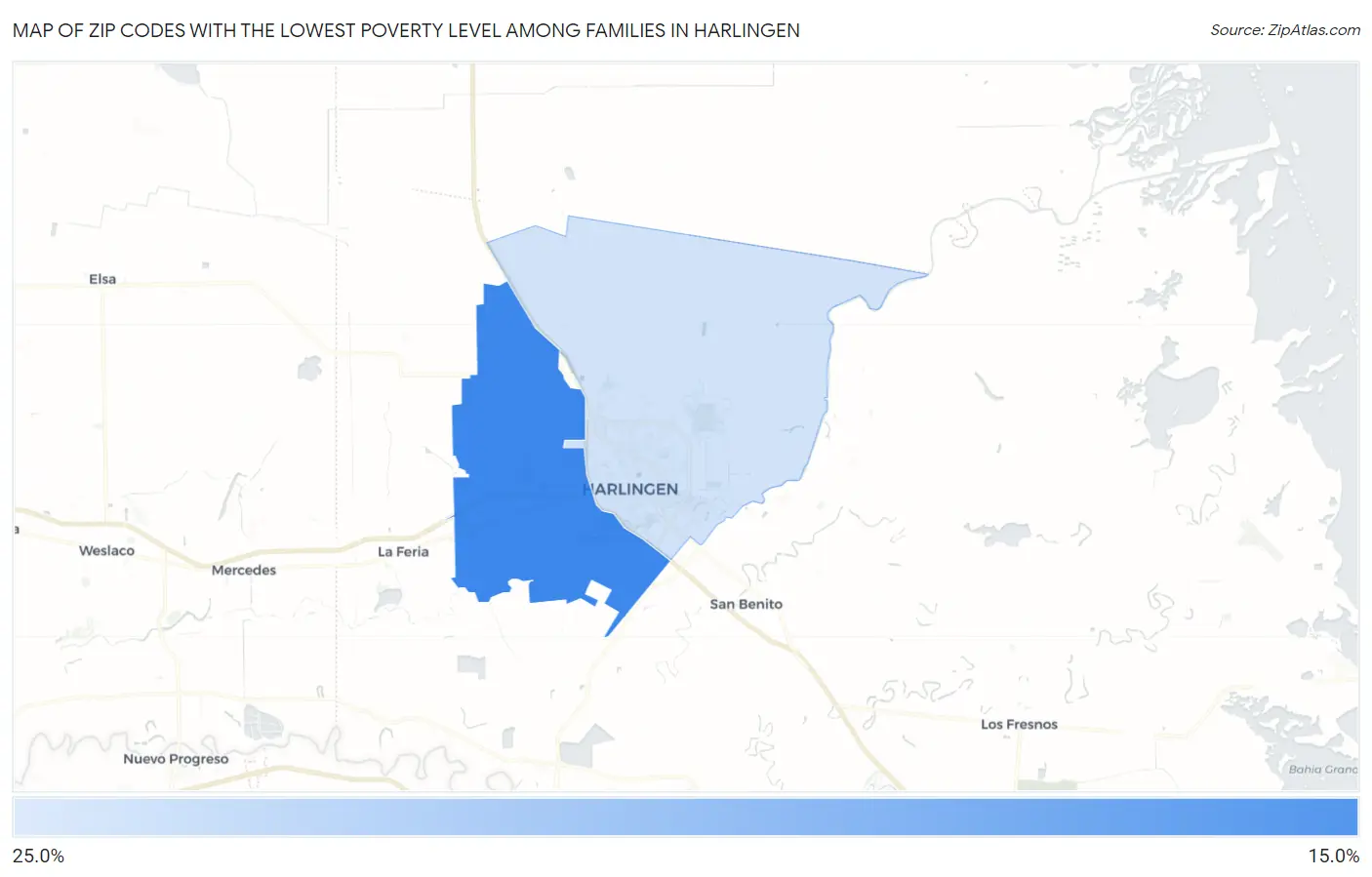 Zip Codes with the Lowest Poverty Level Among Families in Harlingen Map