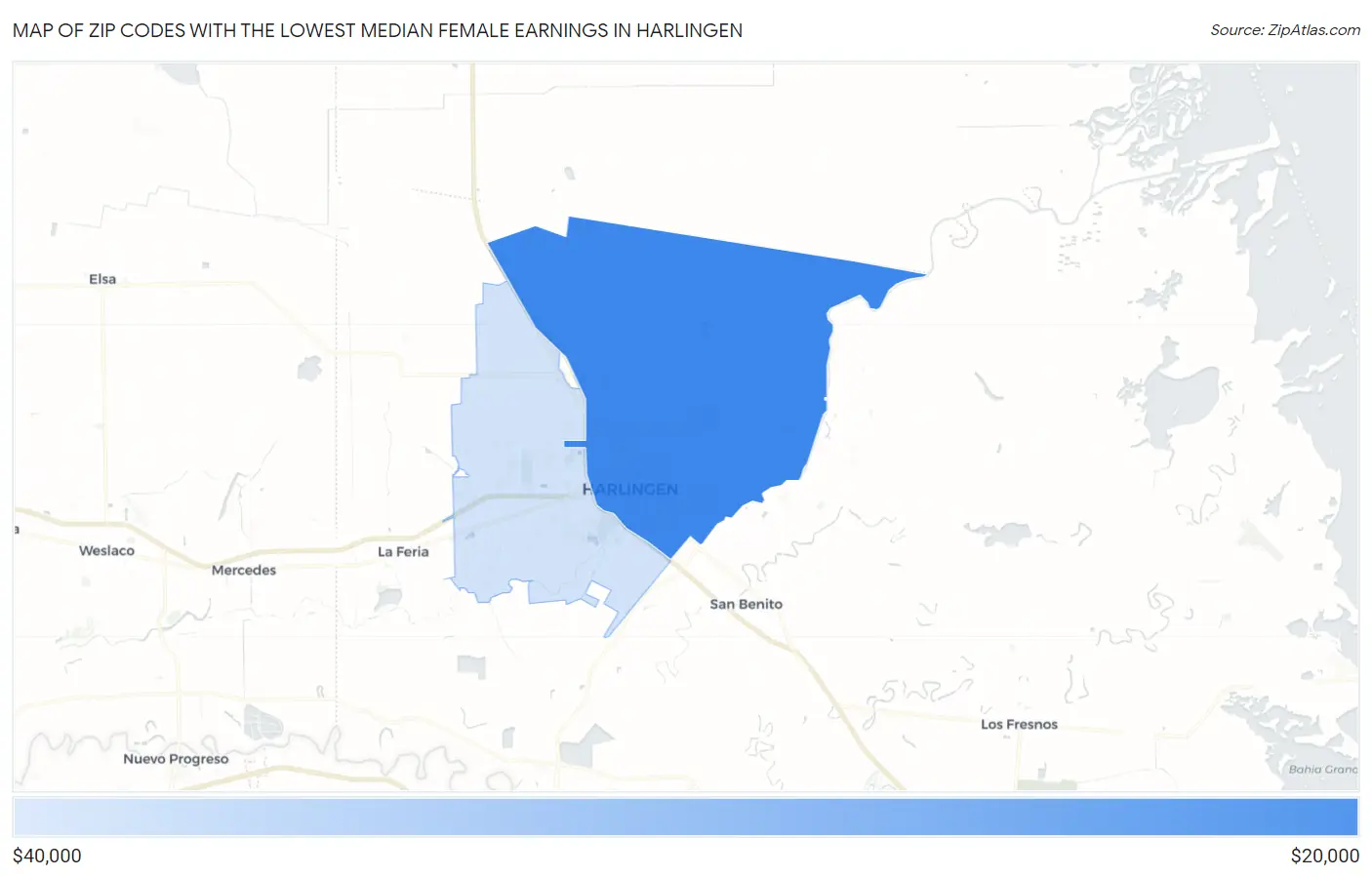 Zip Codes with the Lowest Median Female Earnings in Harlingen Map
