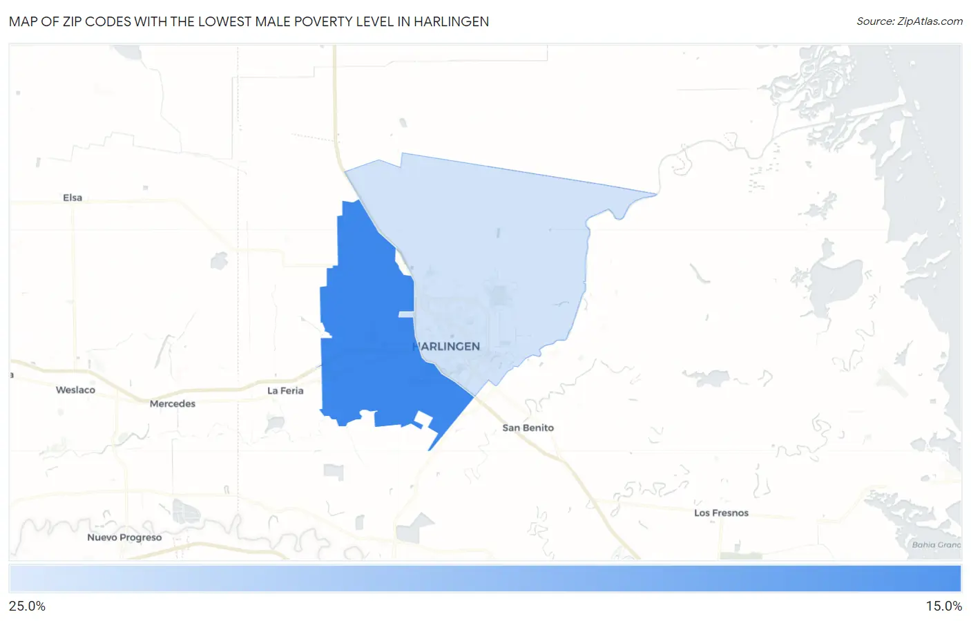 Zip Codes with the Lowest Male Poverty Level in Harlingen Map