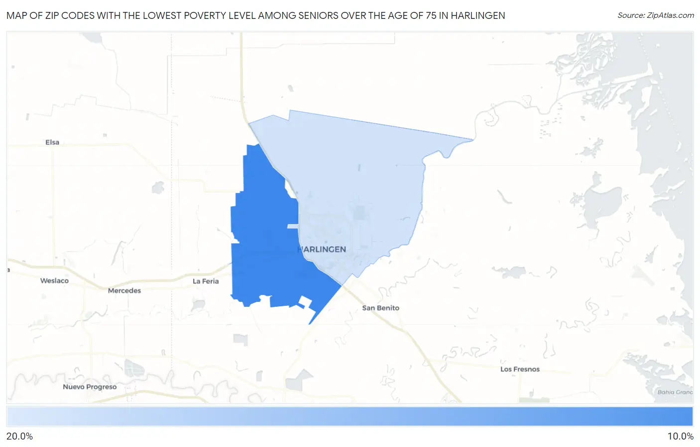 Zip Codes with the Lowest Poverty Level Among Seniors Over the Age of 75 in Harlingen Map