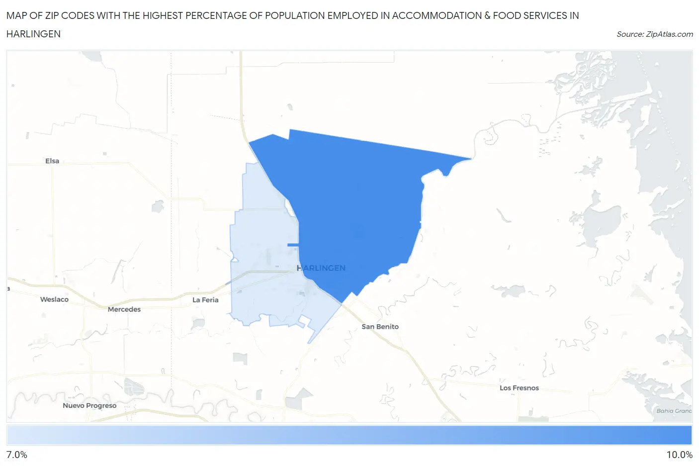 Zip Codes with the Highest Percentage of Population Employed in Accommodation & Food Services in Harlingen Map