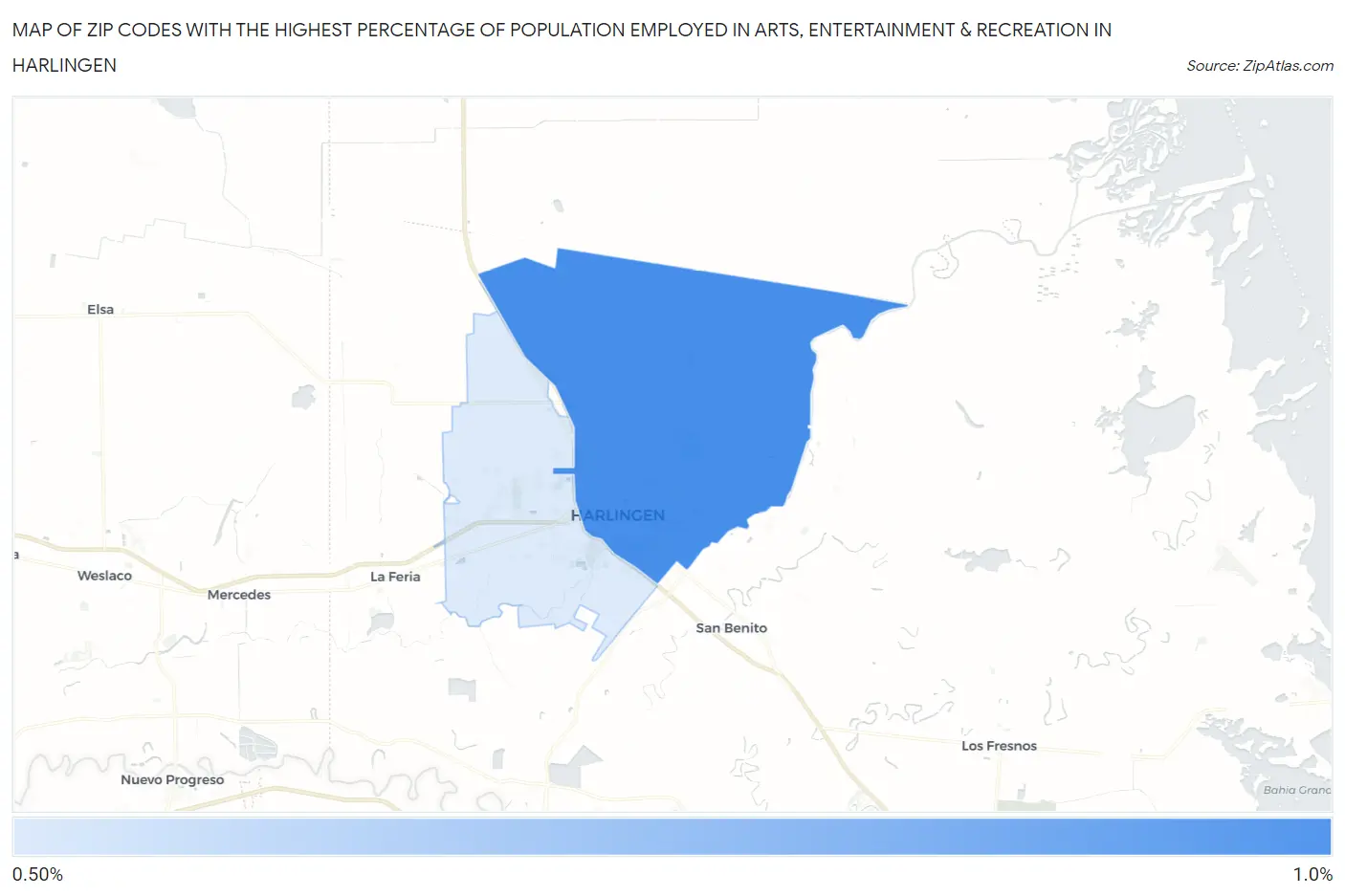 Zip Codes with the Highest Percentage of Population Employed in Arts, Entertainment & Recreation in Harlingen Map