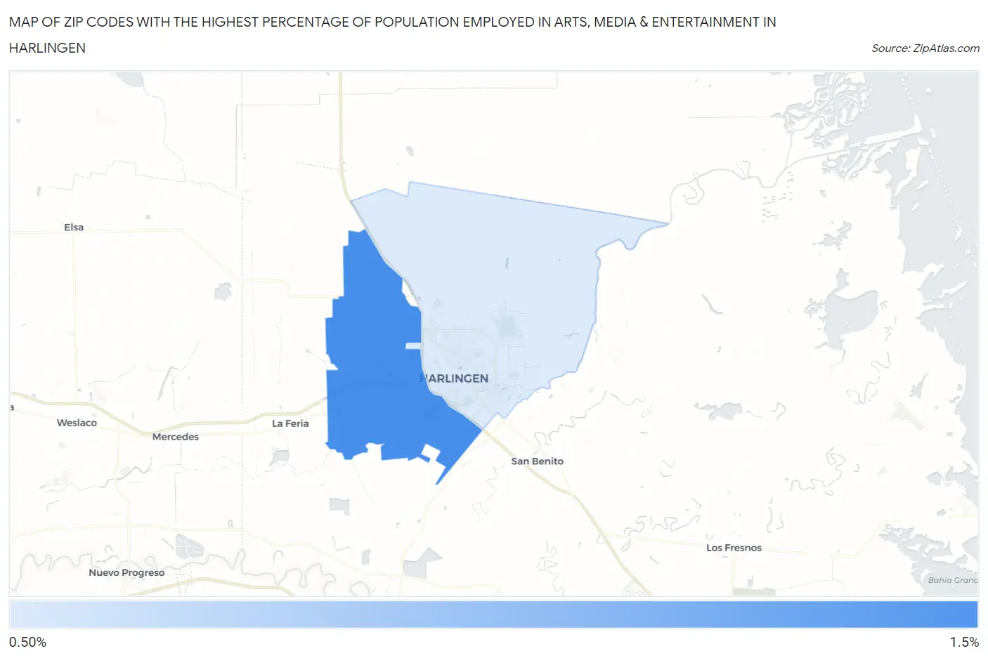 Zip Codes with the Highest Percentage of Population Employed in Arts, Media & Entertainment in Harlingen Map