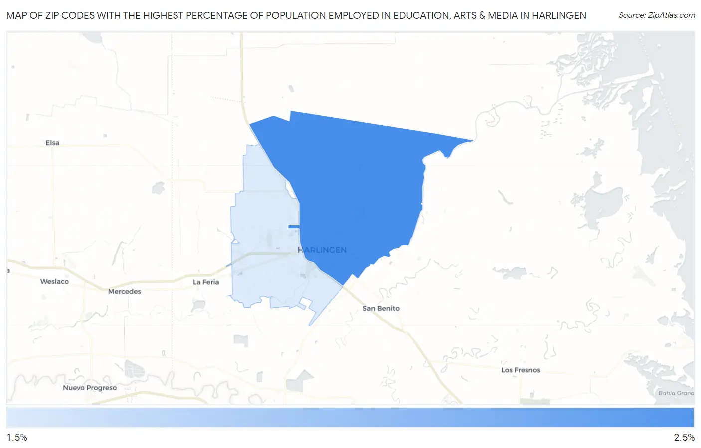 Zip Codes with the Highest Percentage of Population Employed in Education, Arts & Media in Harlingen Map