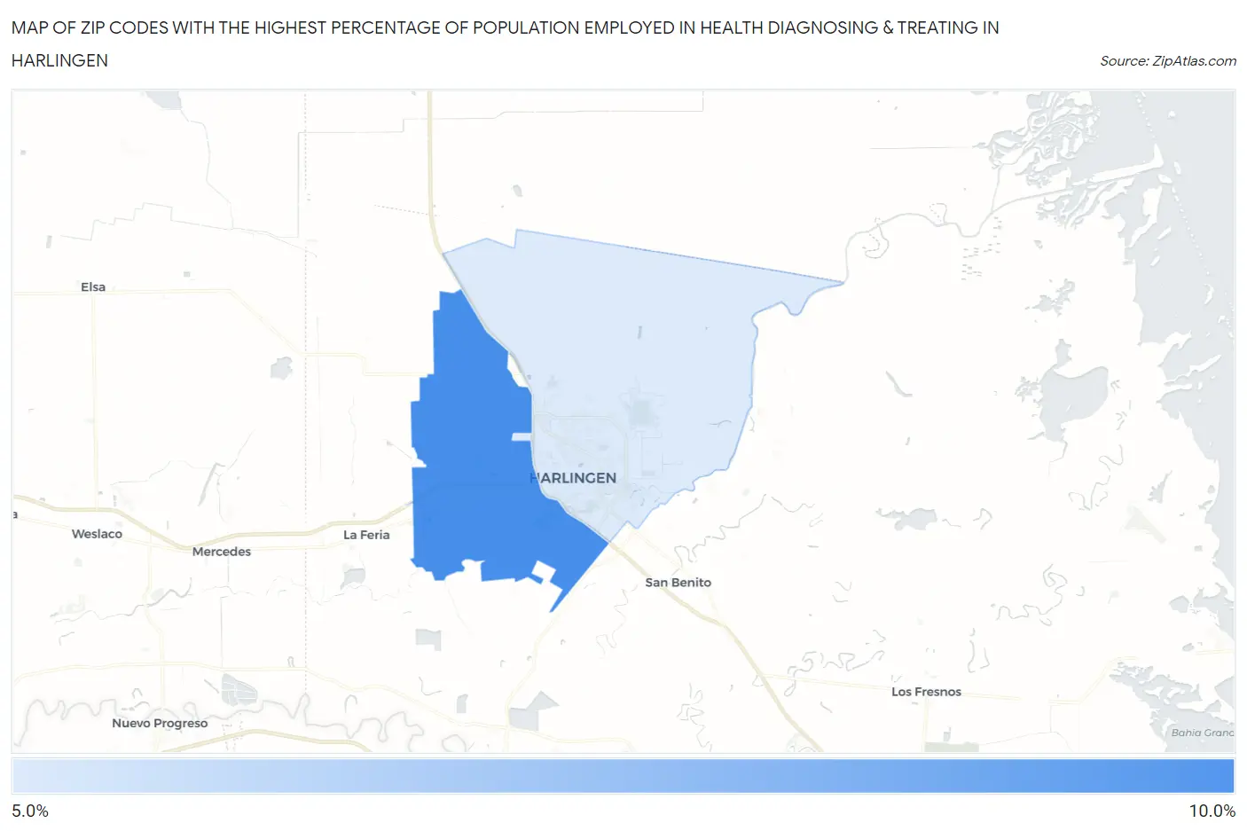 Zip Codes with the Highest Percentage of Population Employed in Health Diagnosing & Treating in Harlingen Map