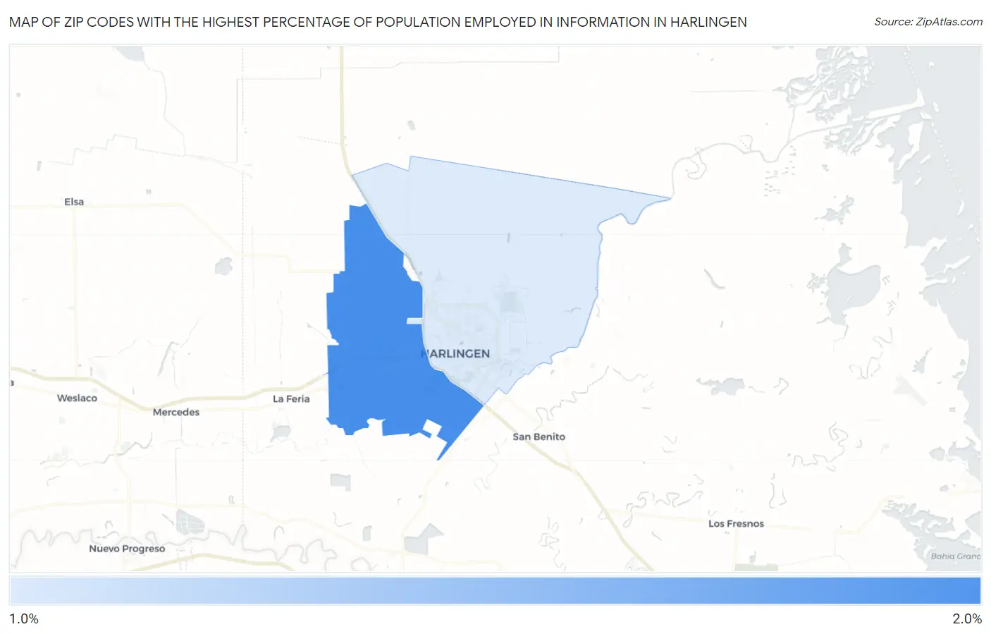 Zip Codes with the Highest Percentage of Population Employed in Information in Harlingen Map