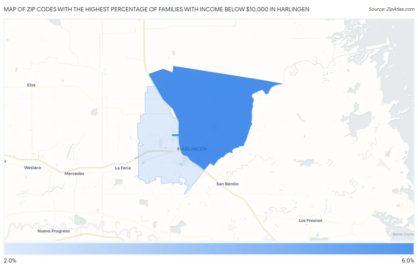 Zip Codes with the Highest Percentage of Families with Income Below $10,000 in Harlingen Map