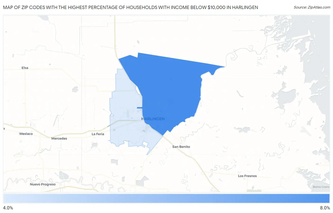 Zip Codes with the Highest Percentage of Households with Income Below $10,000 in Harlingen Map