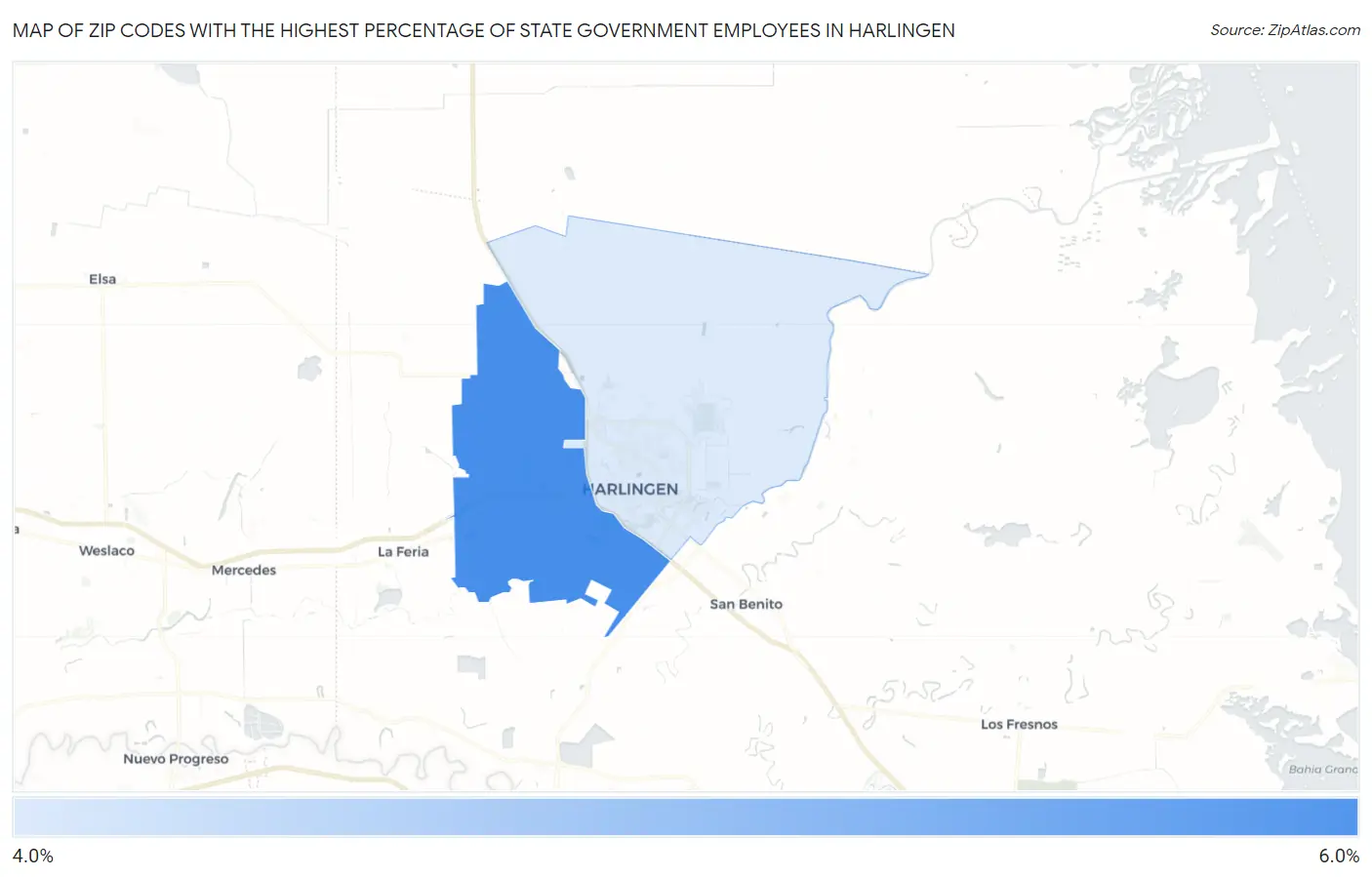 Zip Codes with the Highest Percentage of State Government Employees in Harlingen Map