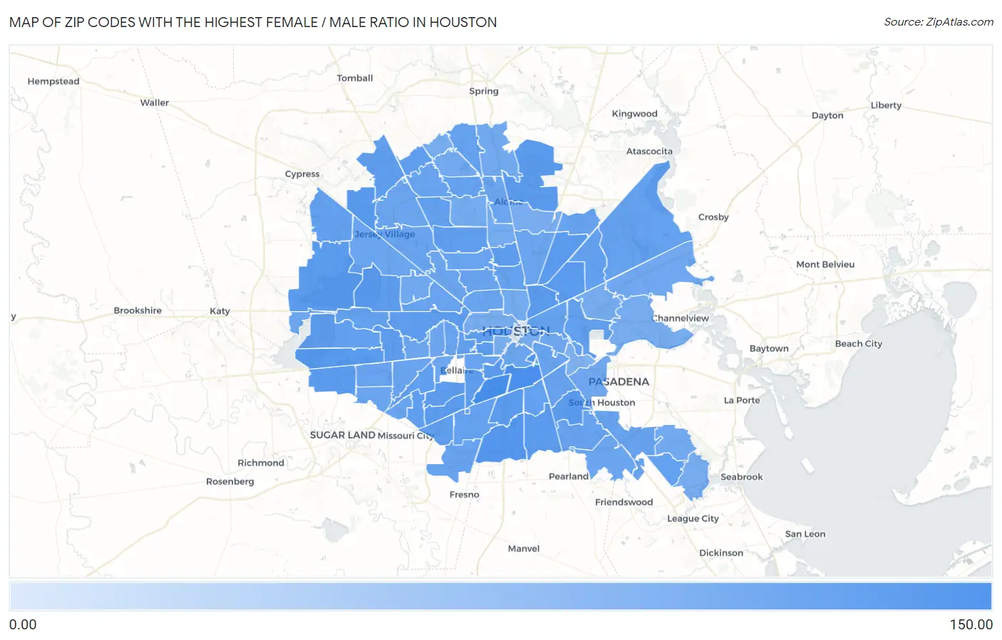 Zip Codes with the Highest Female / Male Ratio in Houston Map
