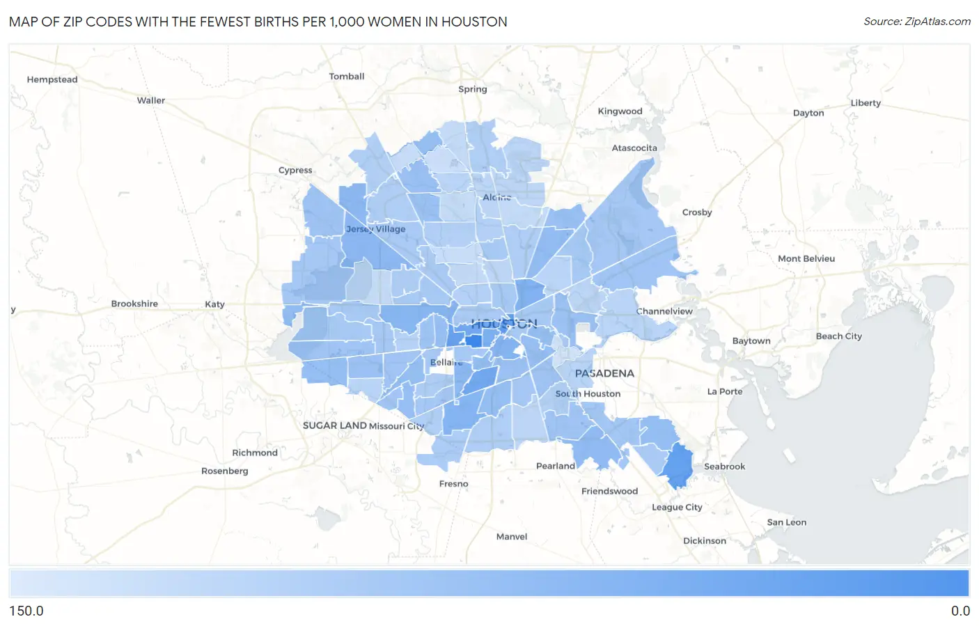 Zip Codes with the Fewest Births per 1,000 Women in Houston Map