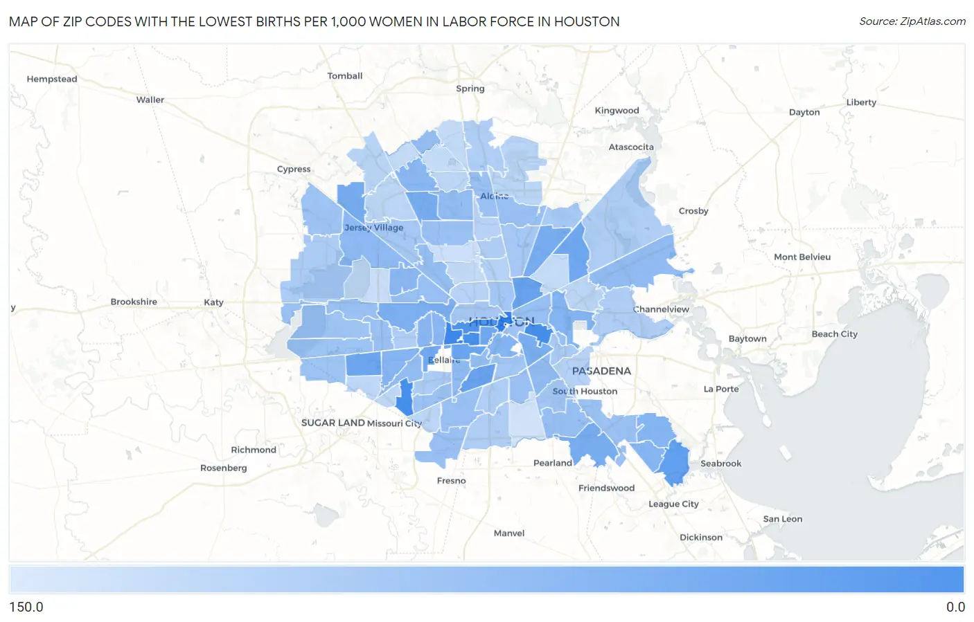 Zip Codes with the Lowest Births per 1,000 Women in Labor Force in Houston Map