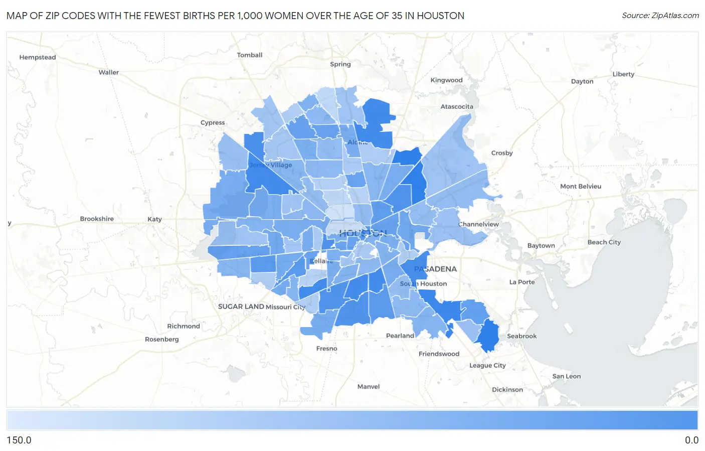 Zip Codes with the Fewest Births per 1,000 Women Over the Age of 35 in Houston Map