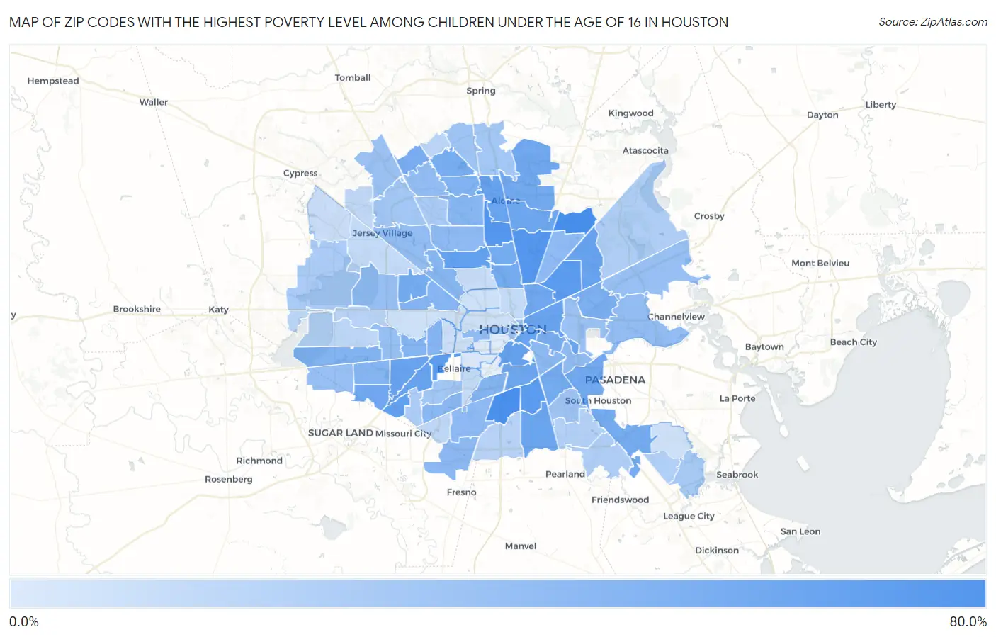 Zip Codes with the Highest Poverty Level Among Children Under the Age of 16 in Houston Map