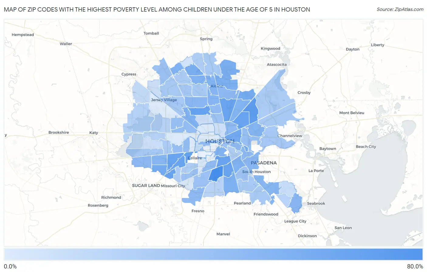 Zip Codes with the Highest Poverty Level Among Children Under the Age of 5 in Houston Map