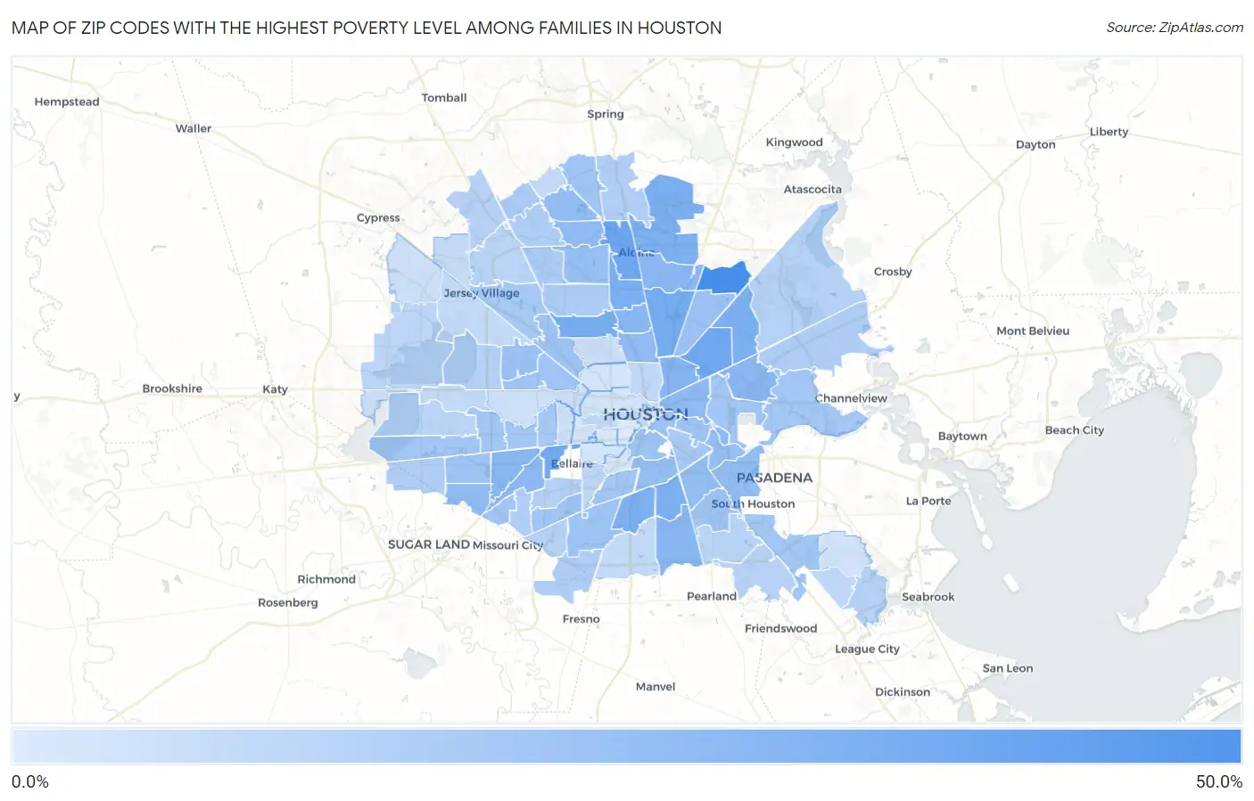 Zip Codes with the Highest Poverty Level Among Families in Houston Map