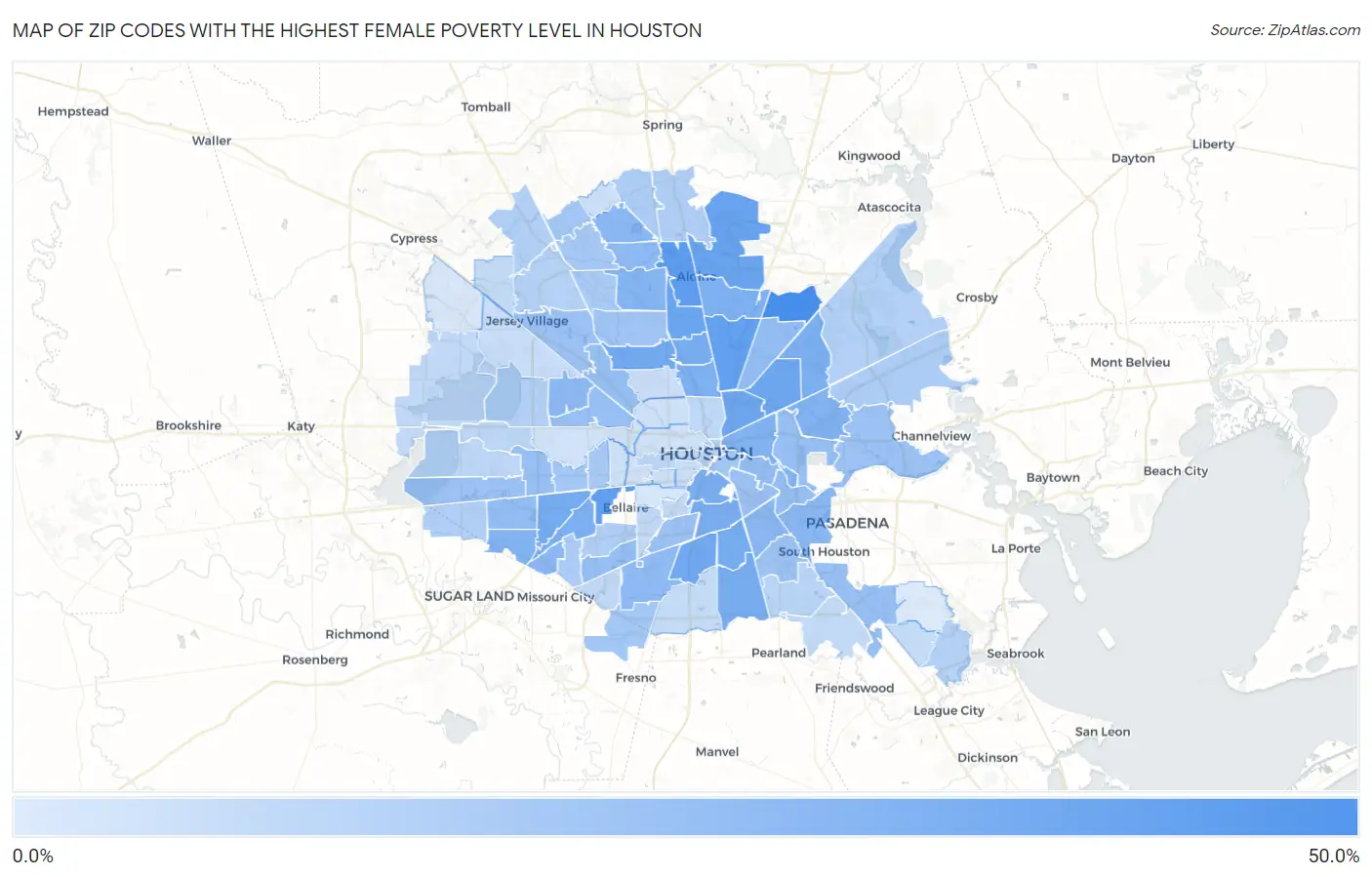 Zip Codes with the Highest Female Poverty Level in Houston Map