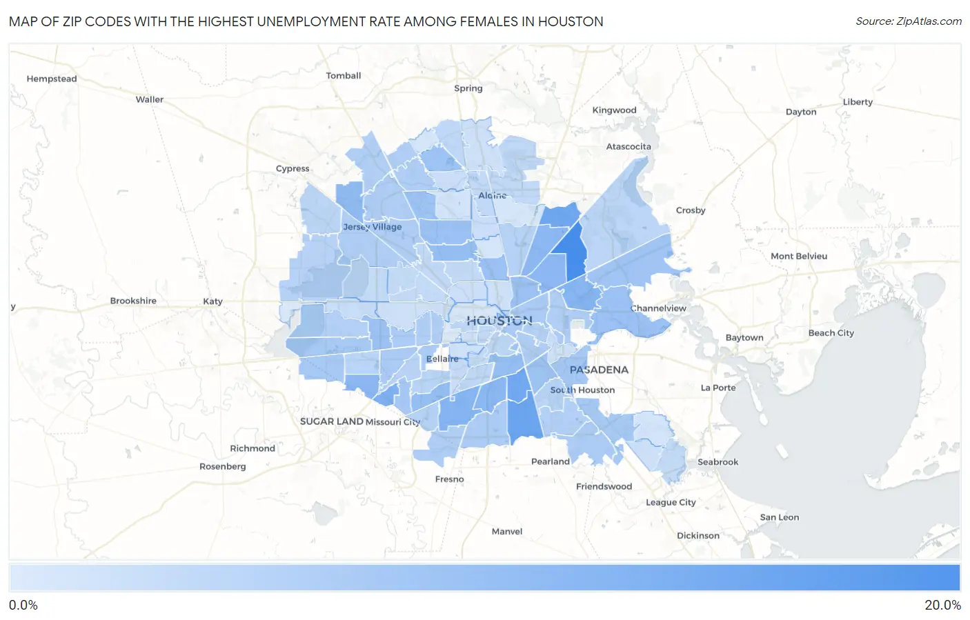 Zip Codes with the Highest Unemployment Rate Among Females in Houston Map