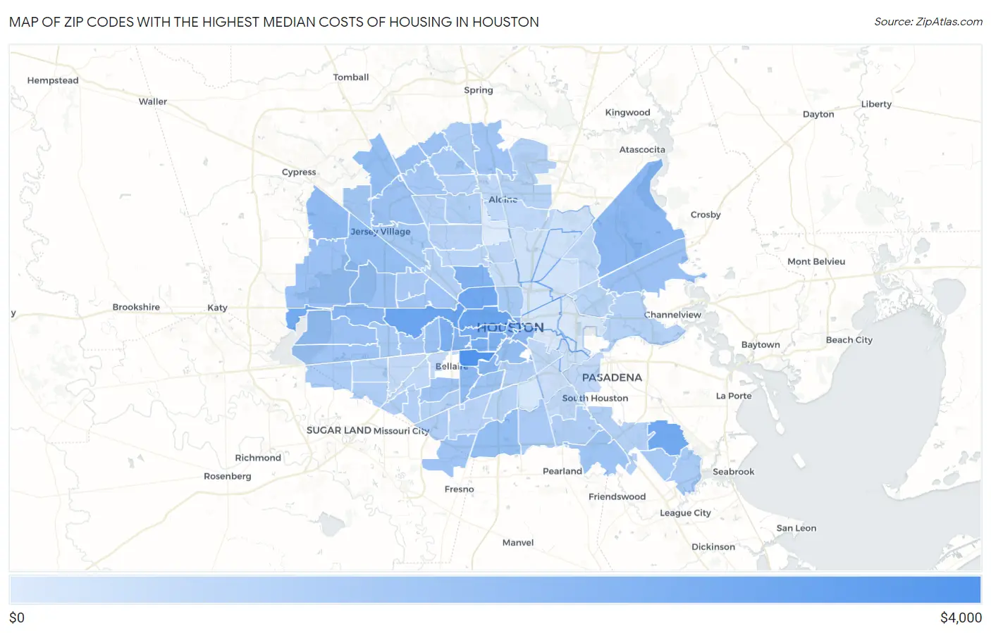 Zip Codes with the Highest Median Costs of Housing in Houston Map