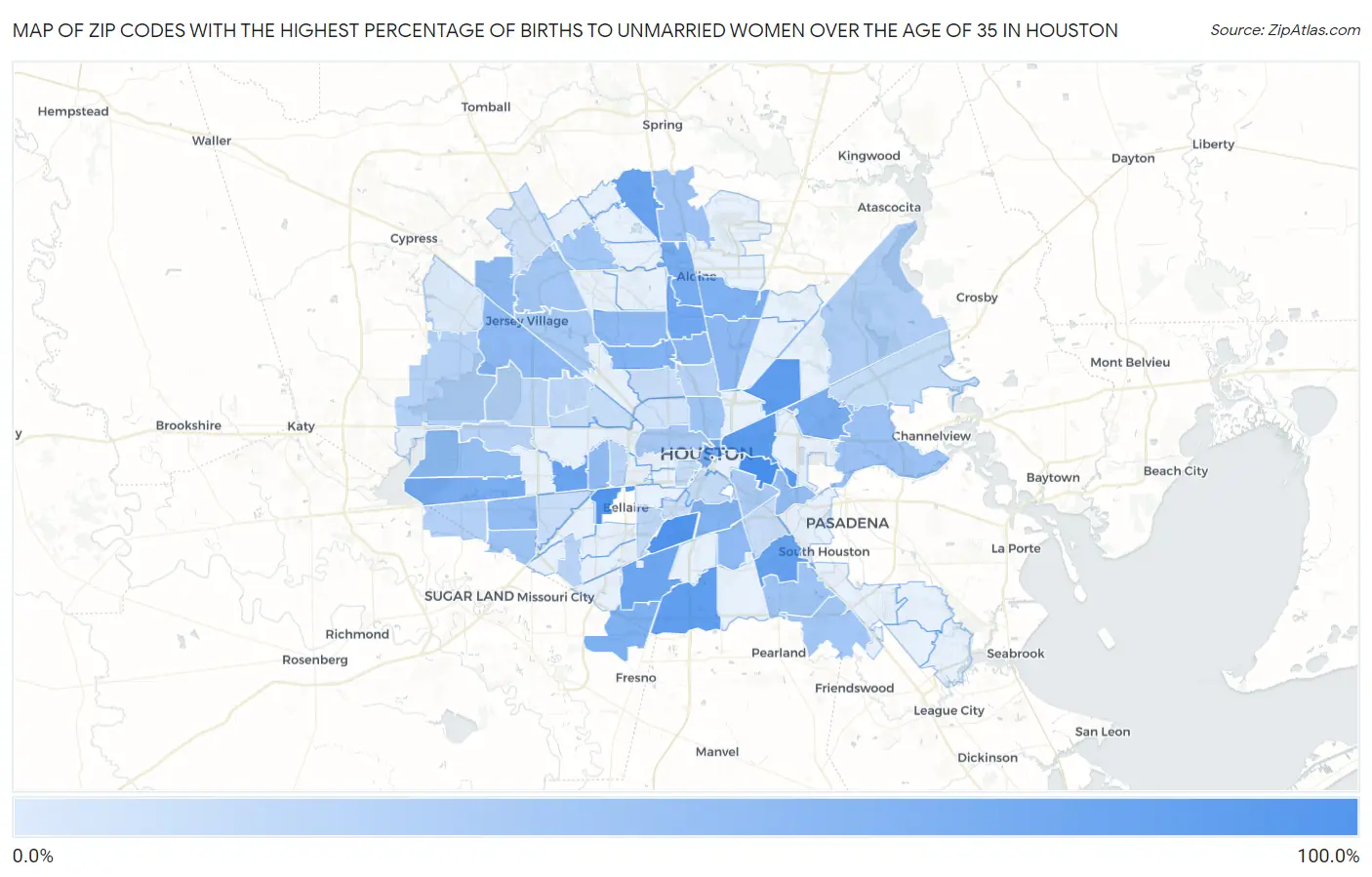 Zip Codes with the Highest Percentage of Births to Unmarried Women over the Age of 35 in Houston Map