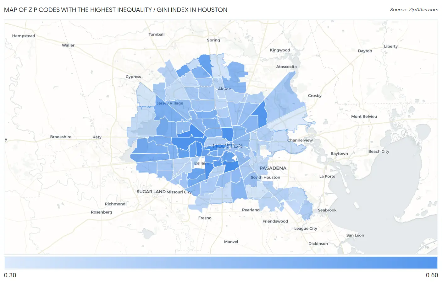 Zip Codes with the Highest Inequality / Gini Index in Houston Map