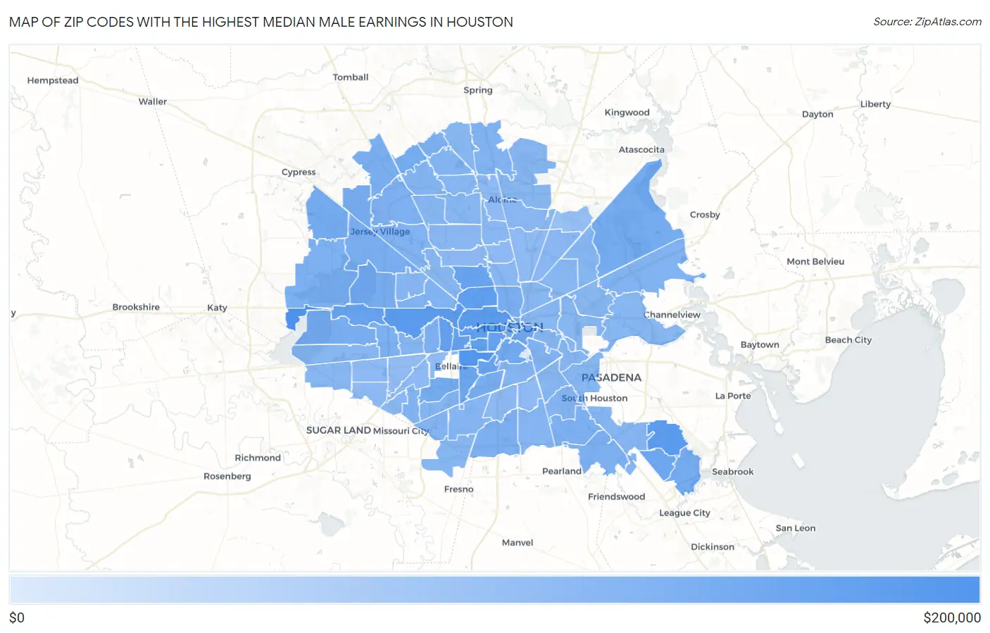 Zip Codes with the Highest Median Male Earnings in Houston Map