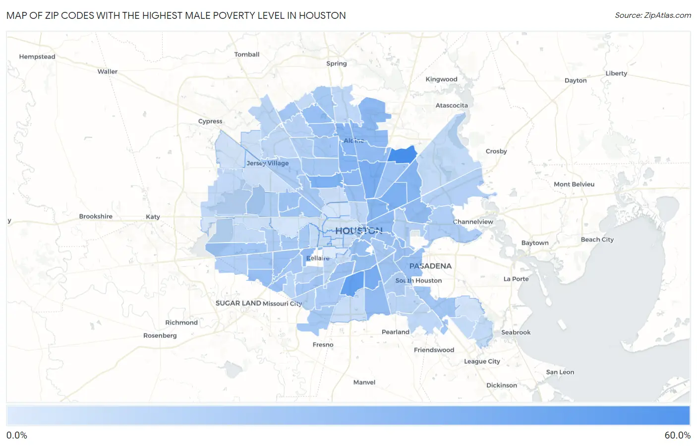 Zip Codes with the Highest Male Poverty Level in Houston Map