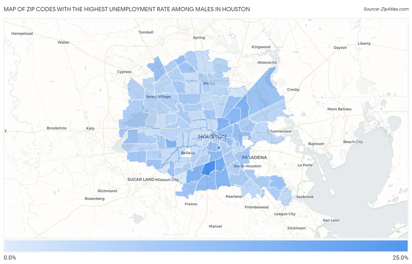 Zip Codes with the Highest Unemployment Rate Among Males in Houston Map