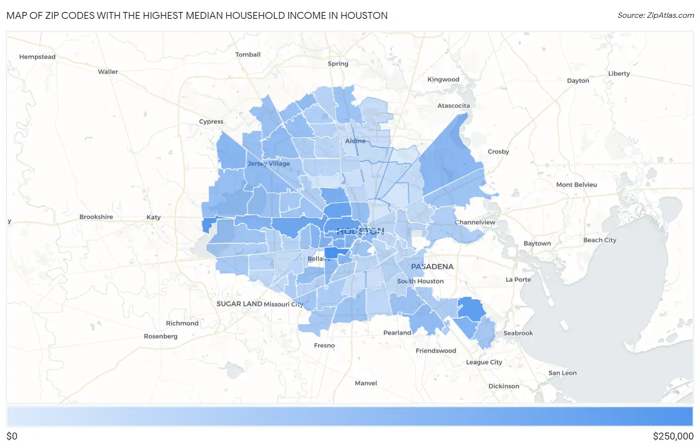 Zip Codes with the Highest Median Household Income in Houston Map