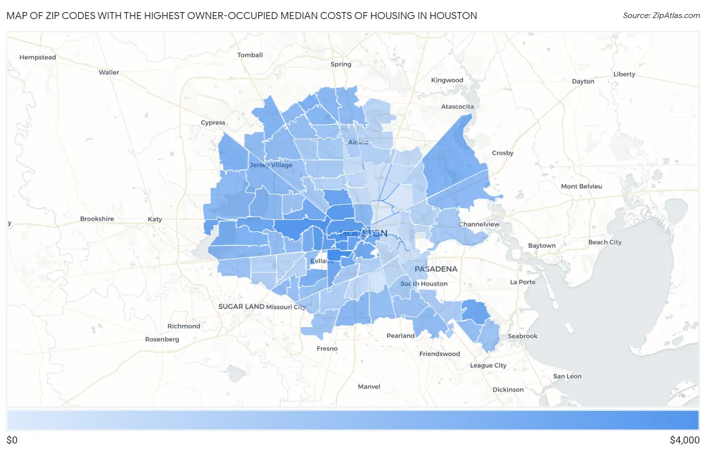 Zip Codes with the Highest Owner-Occupied Median Costs of Housing in Houston Map